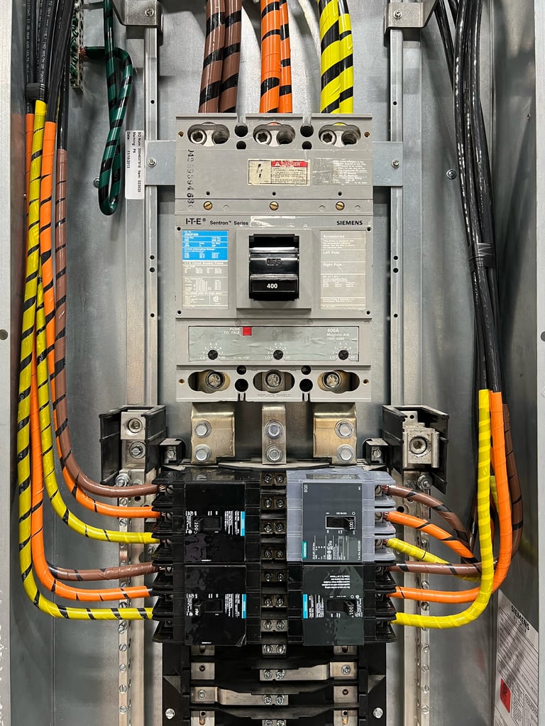 Industrial electrical panel with circuit breakers, colored cable conduits in orange and yellow stripes, and Siemens components mounted on metal frame
