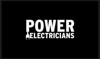 White text logo reading POWER ELECTRICIANS with a lightning bolt icon on a black background