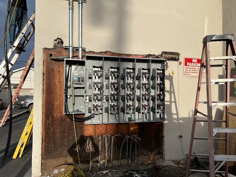 Weathered electrical panel box mounted on a beige wall with rust stains, surrounded by ladders and construction materials