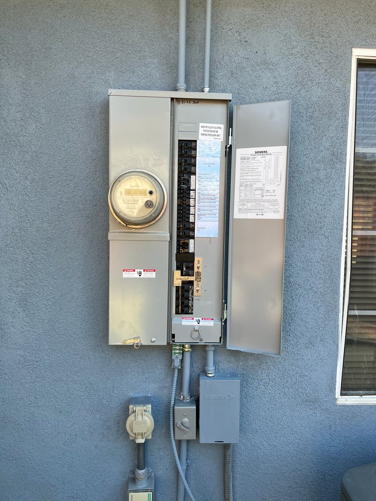 Open electrical panel mounted on gray wall showing circuit breaker box, meter, and wiring connections