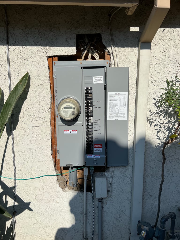 Outdoor electrical meter and breaker panel mounted on concrete wall between green potted plants