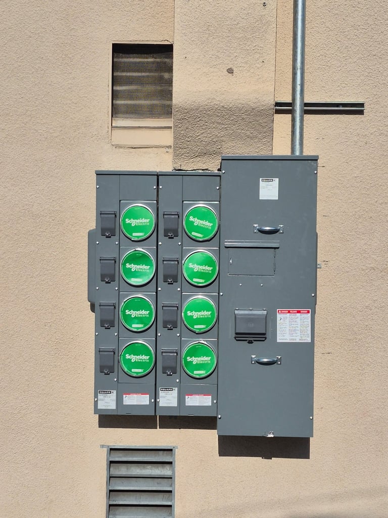 Gray electrical panel mounted on beige wall with eight green Schneider Electric breaker switches arranged in rows
